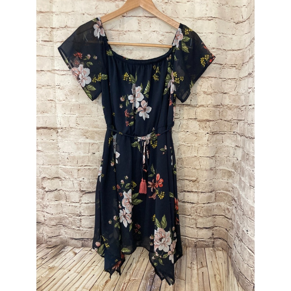 Bailey Blue Dress Womens Medium Navy Blue Floral Belted Tassel Handkerchief Hem